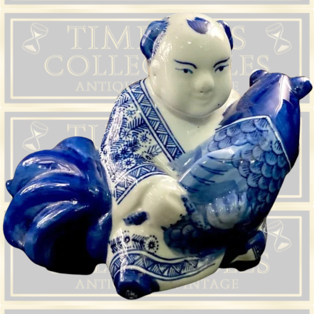 Vintage Blue White Oriental Laughing Buddha Holding Large Koi Carp