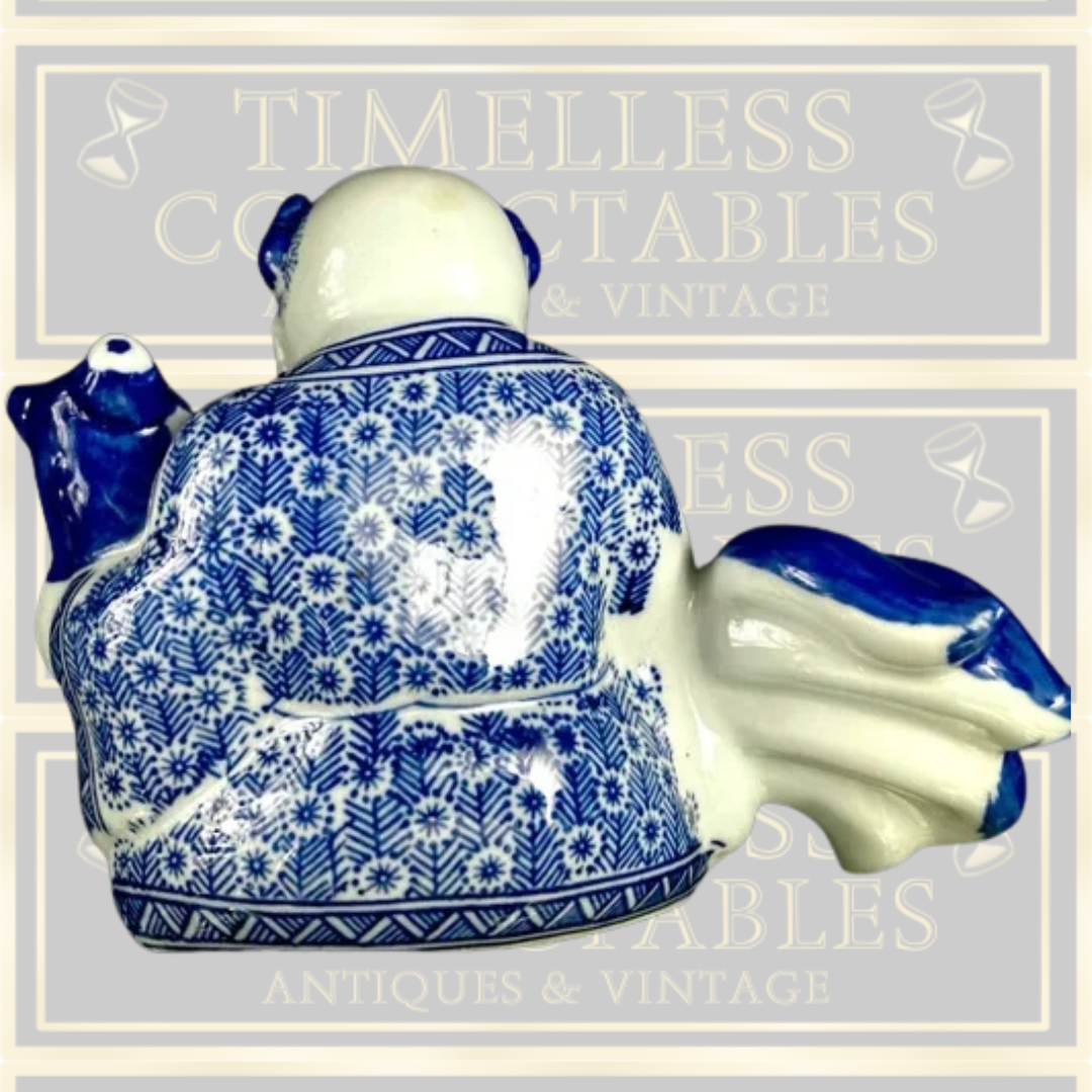 Vintage Blue White Oriental Laughing Buddha Holding Large Koi Carp