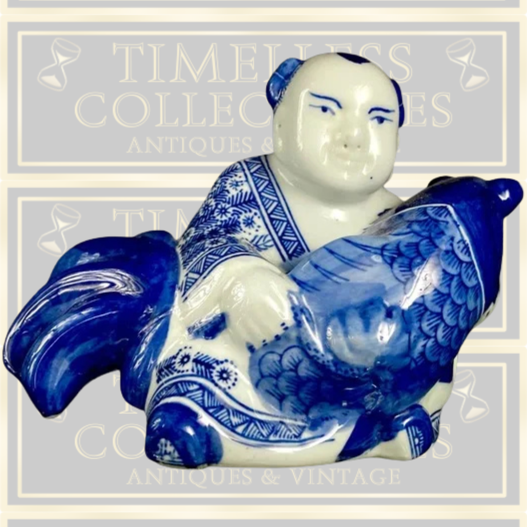 Vintage Blue White Oriental Laughing Buddha Holding Large Koi Carp