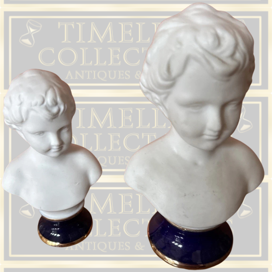 Vintage Pair Bisque White Busts Cobalt Blue Base
