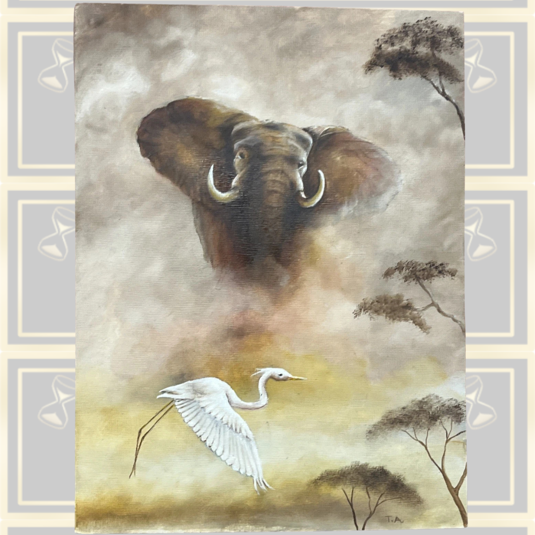 Vintage African Scene Elephant & Crane Painting