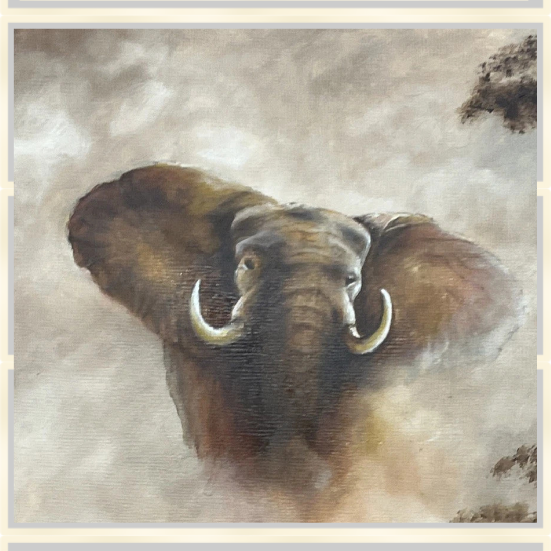 Vintage African Scene Elephant & Crane Painting