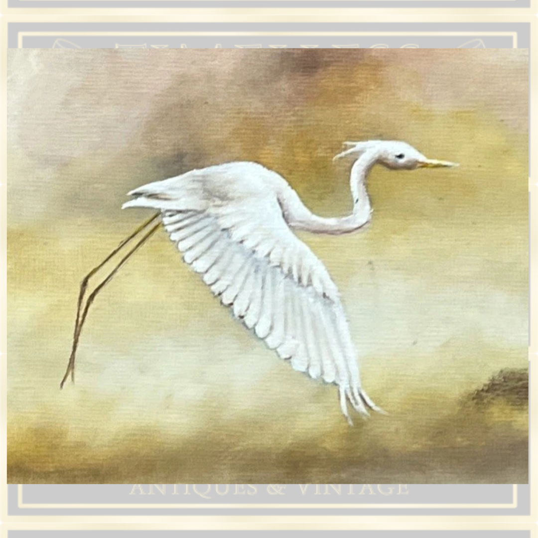 Vintage African Scene Elephant & Crane Painting