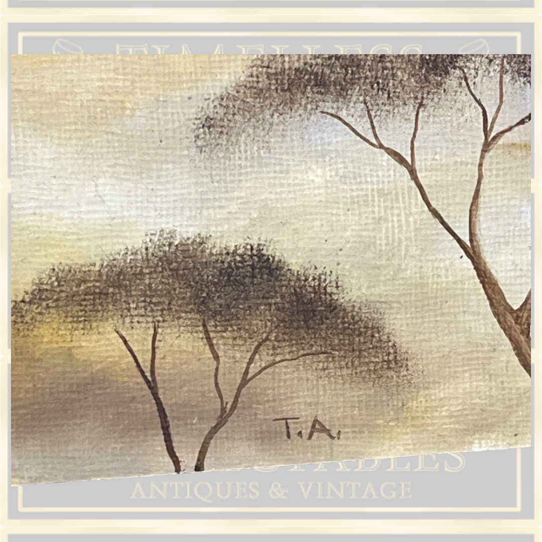 Vintage African Scene Elephant & Crane Painting