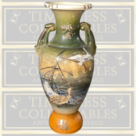 Japanese Vintage Twin Handle Art Deco Floral Swan Vase