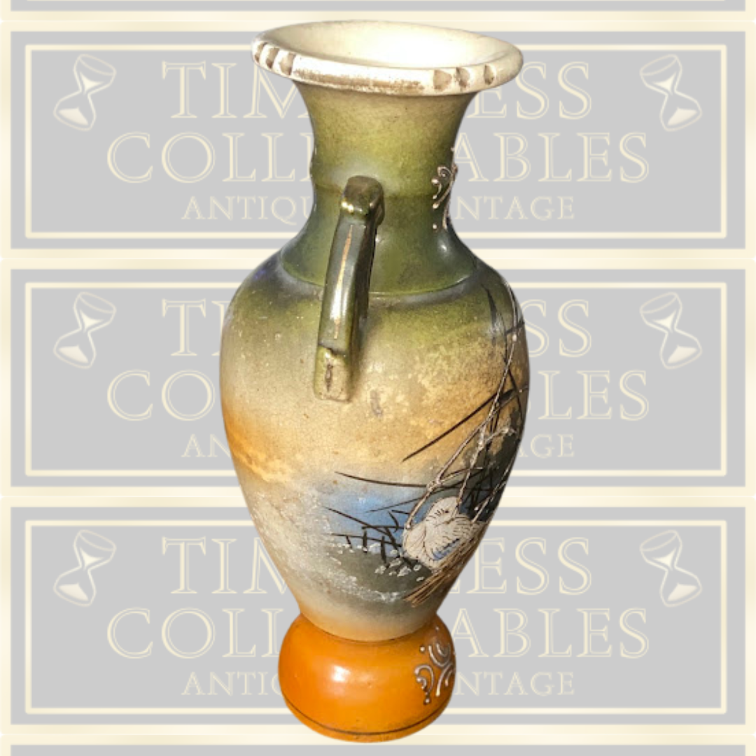 Japanese Vintage Twin Handle Art Deco Floral Swan Vase