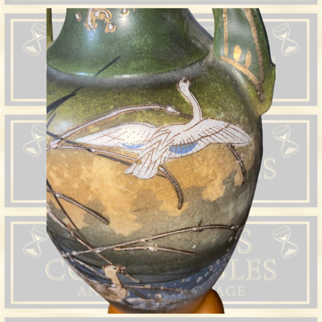 Japanese Vintage Twin Handle Art Deco Floral Swan Vase