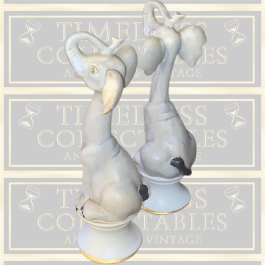 Vintage Sitzendorf Pair German Porcelain Long Neck Elephants