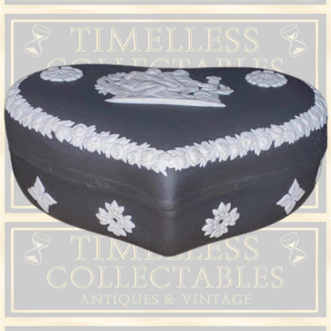Vintage Wedgwood Black Jasperware Heart-Shaped Trinket Box.