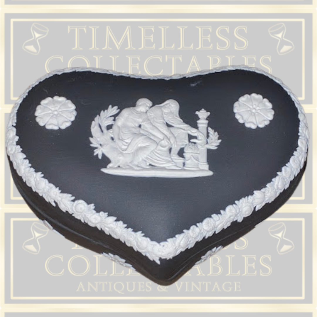 Vintage Wedgwood Black Jasperware Heart-Shaped Trinket Box.