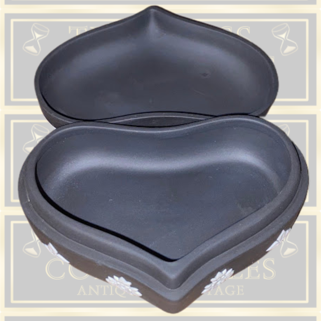 Vintage Wedgwood Black Jasperware Heart-Shaped Trinket Box.