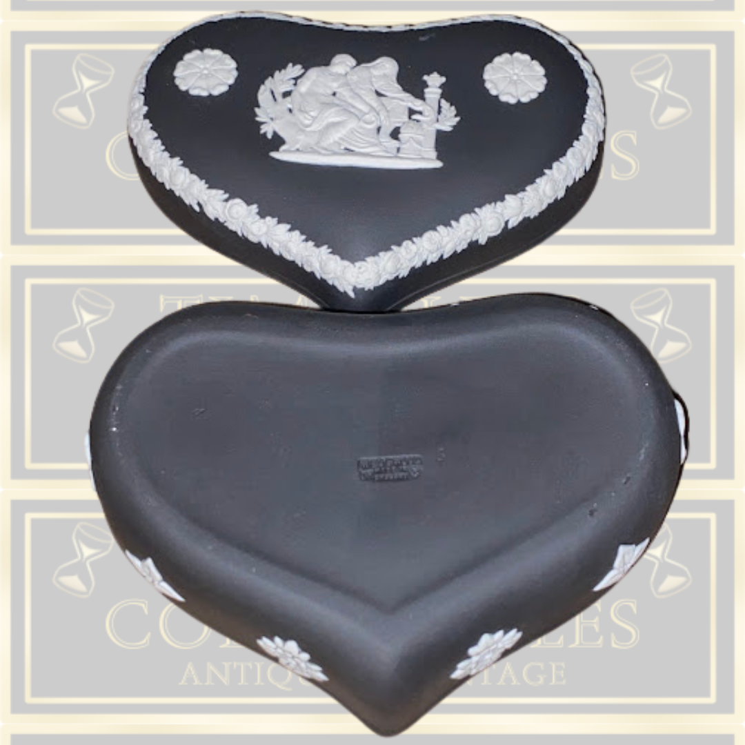 Vintage Wedgwood Black Jasperware Heart-Shaped Trinket Box.