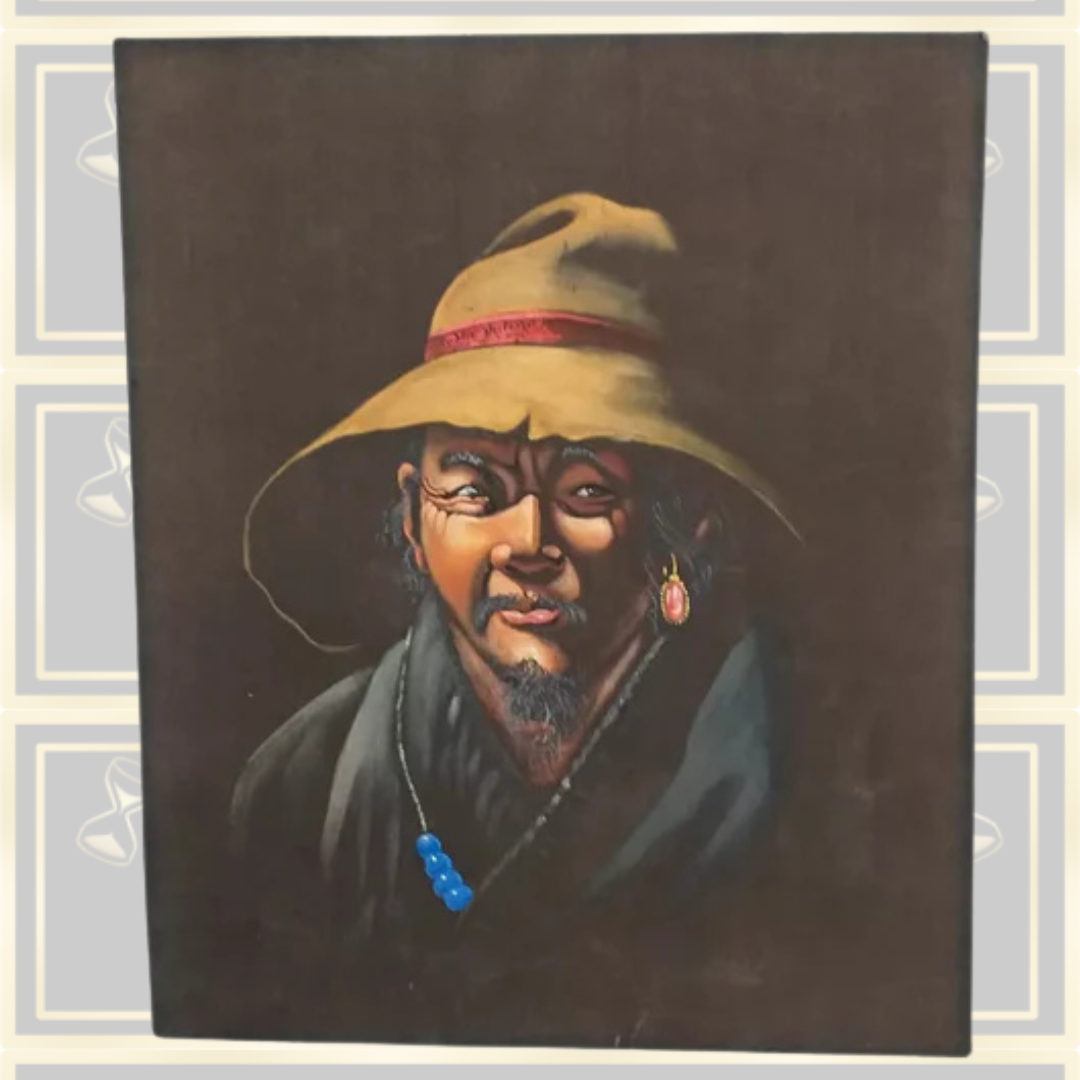 Vintage Tibetan Portrait Old Man On Black Silk