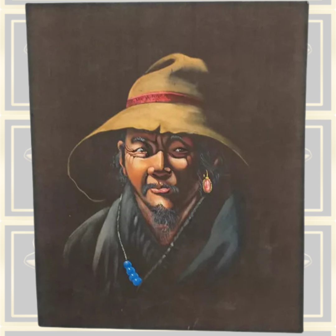 Vintage Tibetan Portrait Old Man On Black Silk