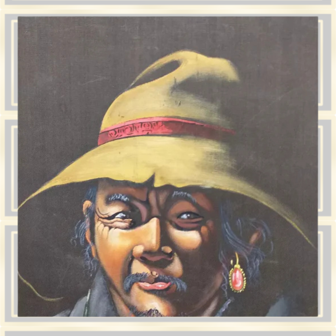 Vintage Tibetan Portrait Old Man On Black Silk