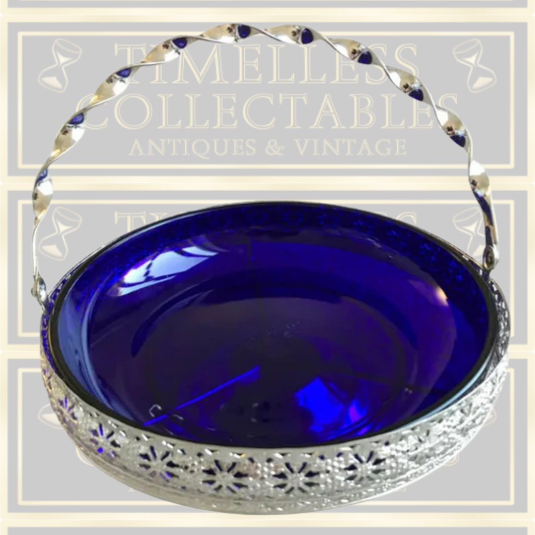 Vintage Queen Anne Large Chrome & Cobalt Blue Glass Bowl With Handle