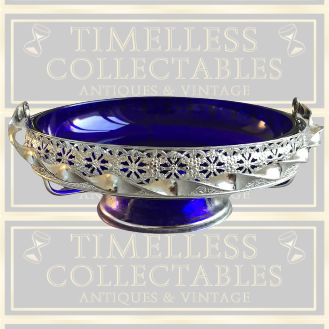 Vintage Queen Anne Large Chrome & Cobalt Blue Glass Bowl With Handle
