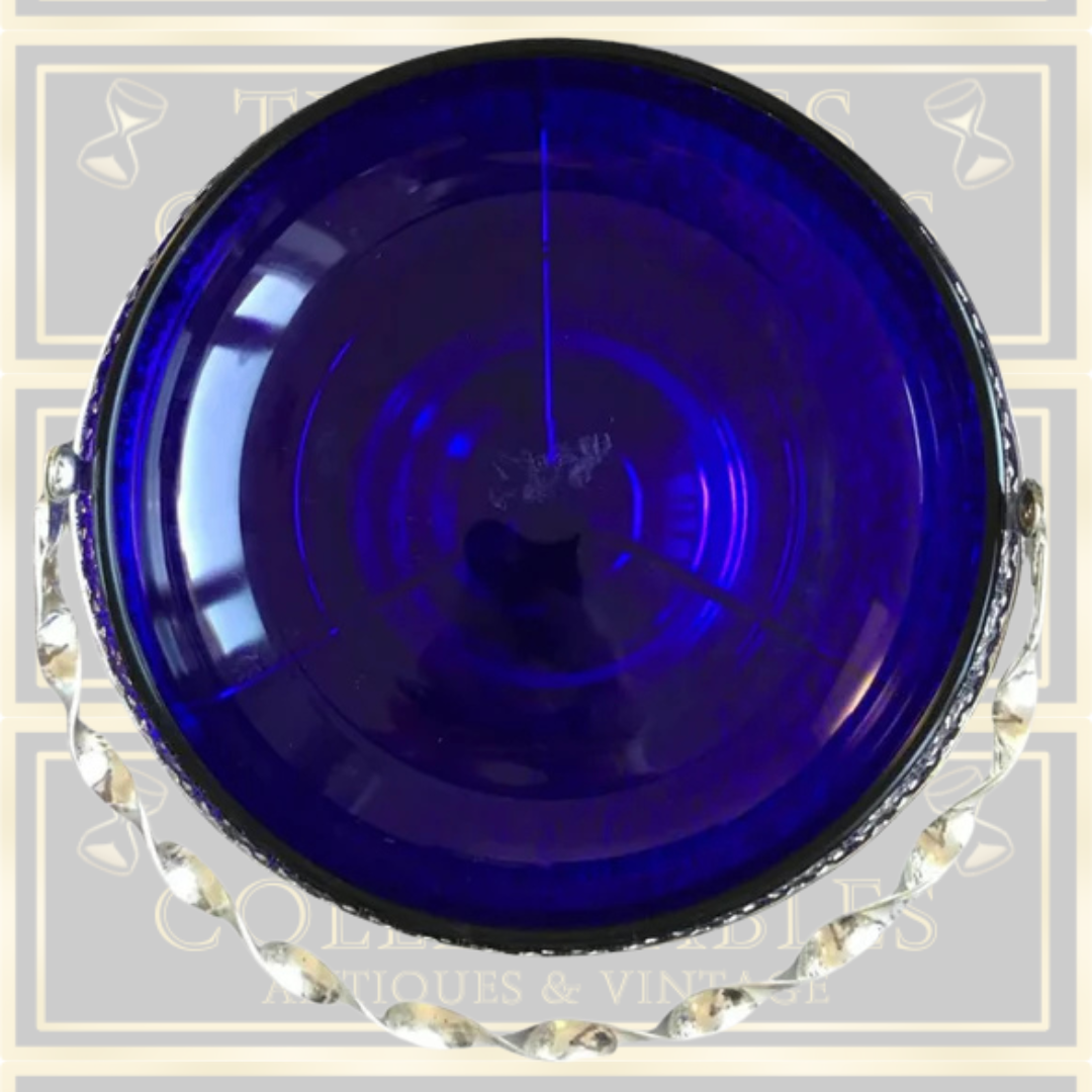 Vintage Queen Anne Large Chrome & Cobalt Blue Glass Bowl With Handle