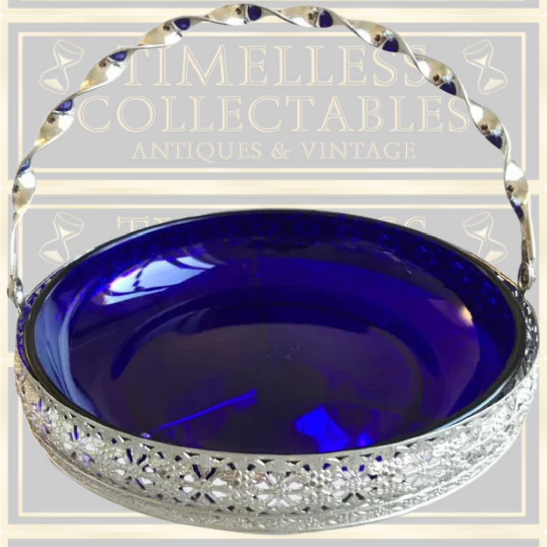 Vintage Queen Anne Large Chrome & Cobalt Blue Glass Bowl With Handle
