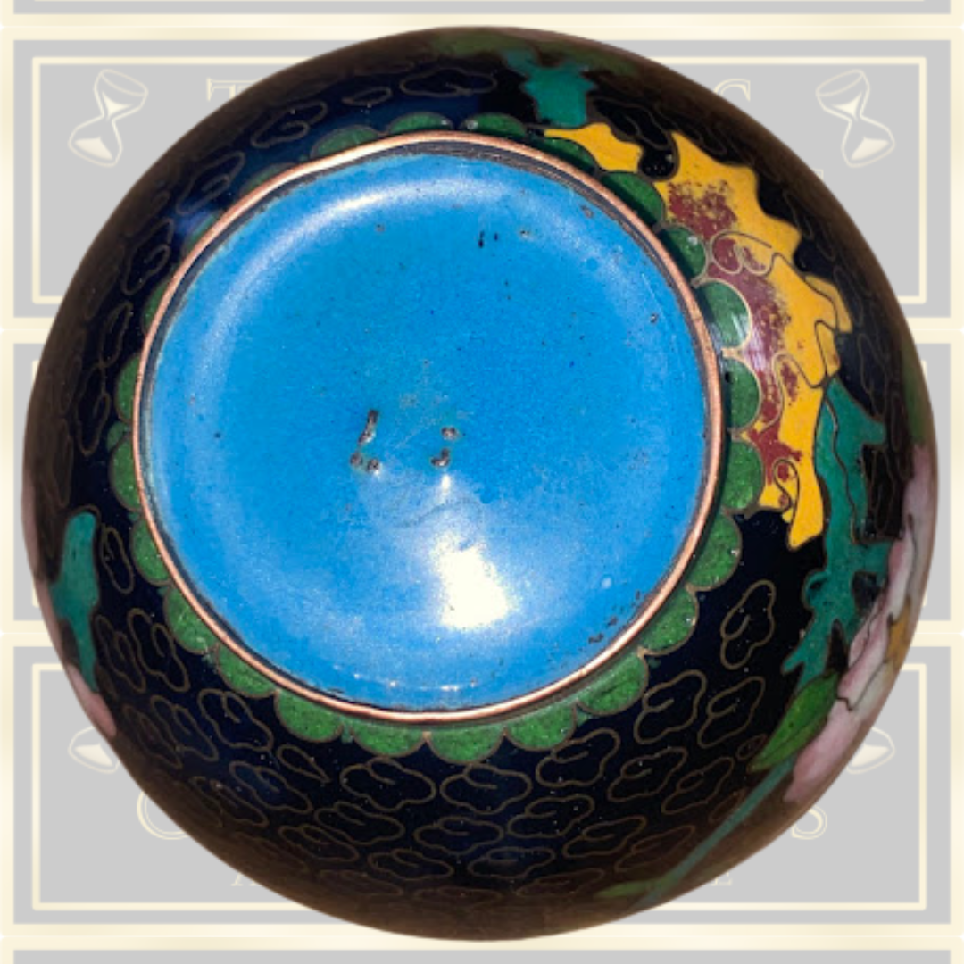 Vintage Cloisonne Enamel Black Floral Mini Jar