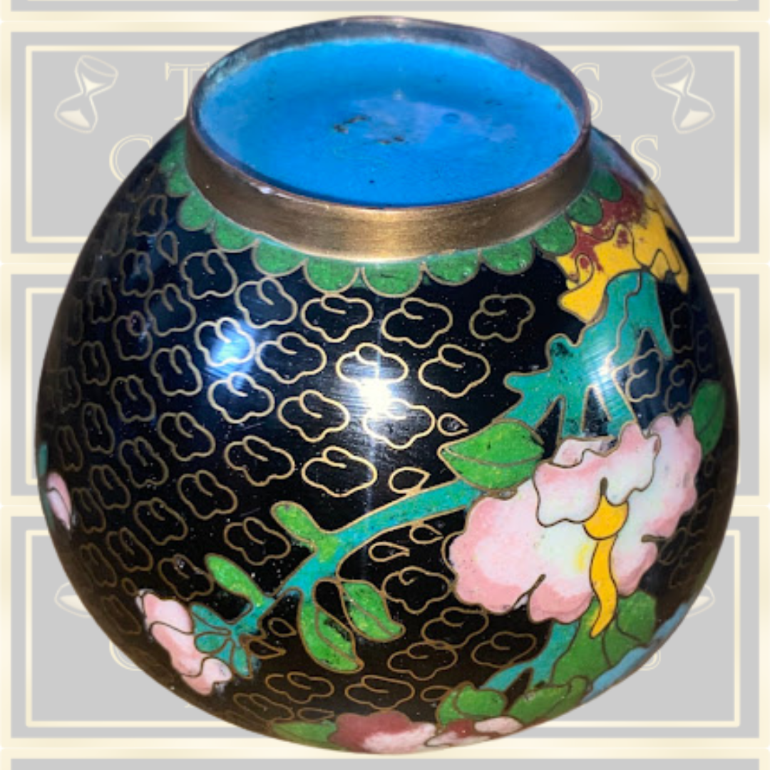 Vintage Cloisonne Enamel Black Floral Mini Jar