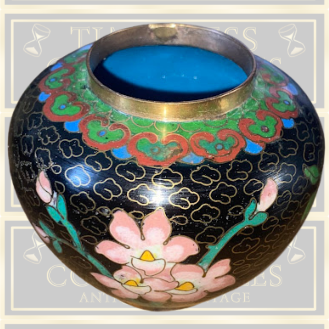 Vintage Cloisonne Enamel Black Floral Mini Jar