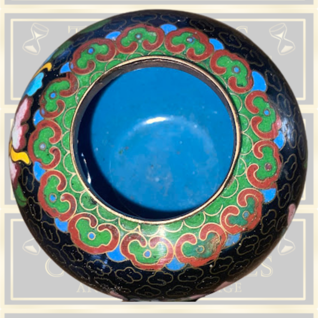 Vintage Cloisonne Enamel Black Floral Mini Jar