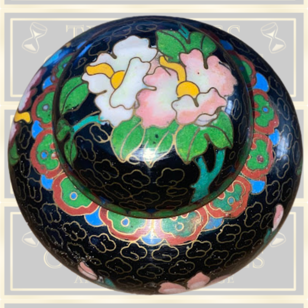 Vintage Cloisonne Enamel Black Floral Mini Jar
