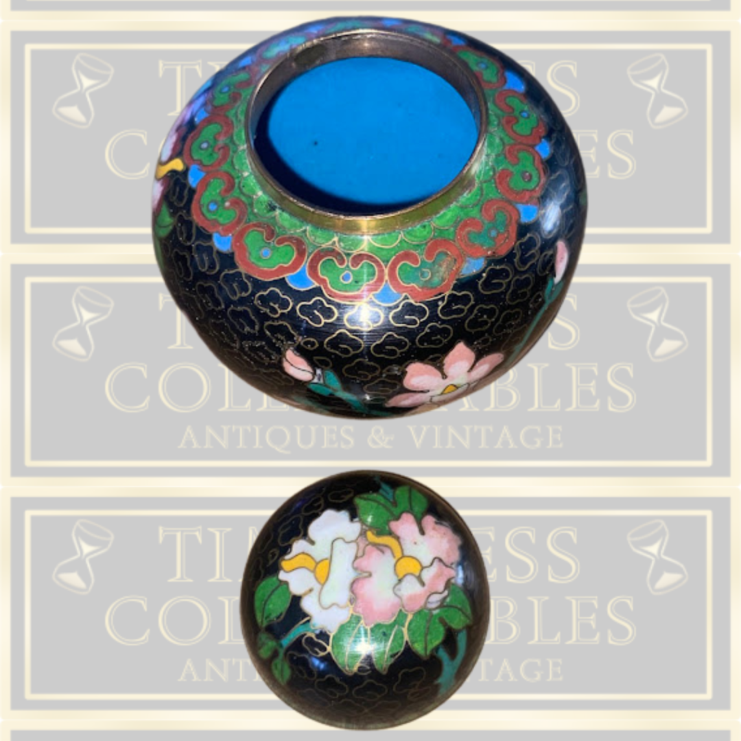 Vintage Cloisonne Enamel Black Floral Mini Jar