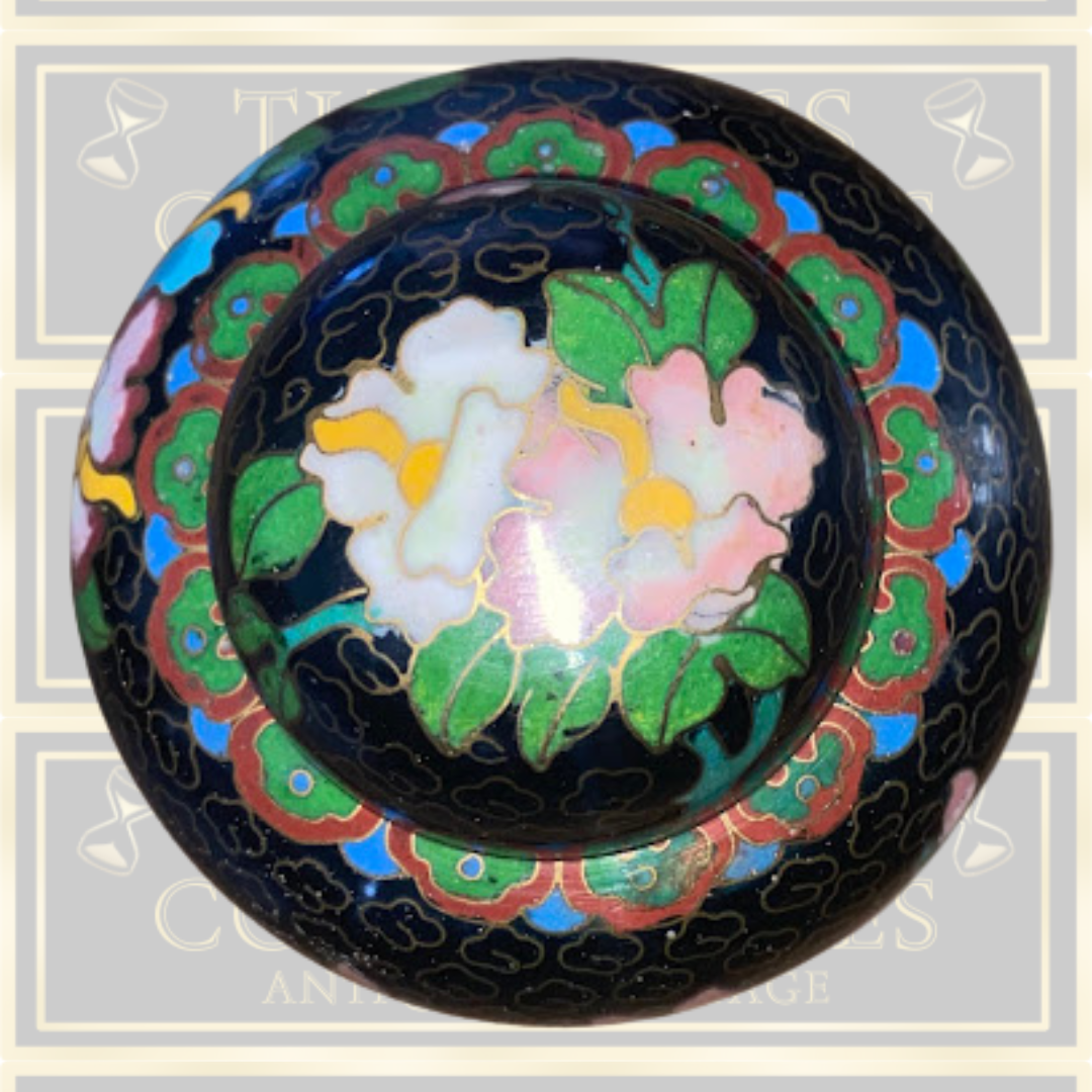 Vintage Cloisonne Enamel Black Floral Mini Jar