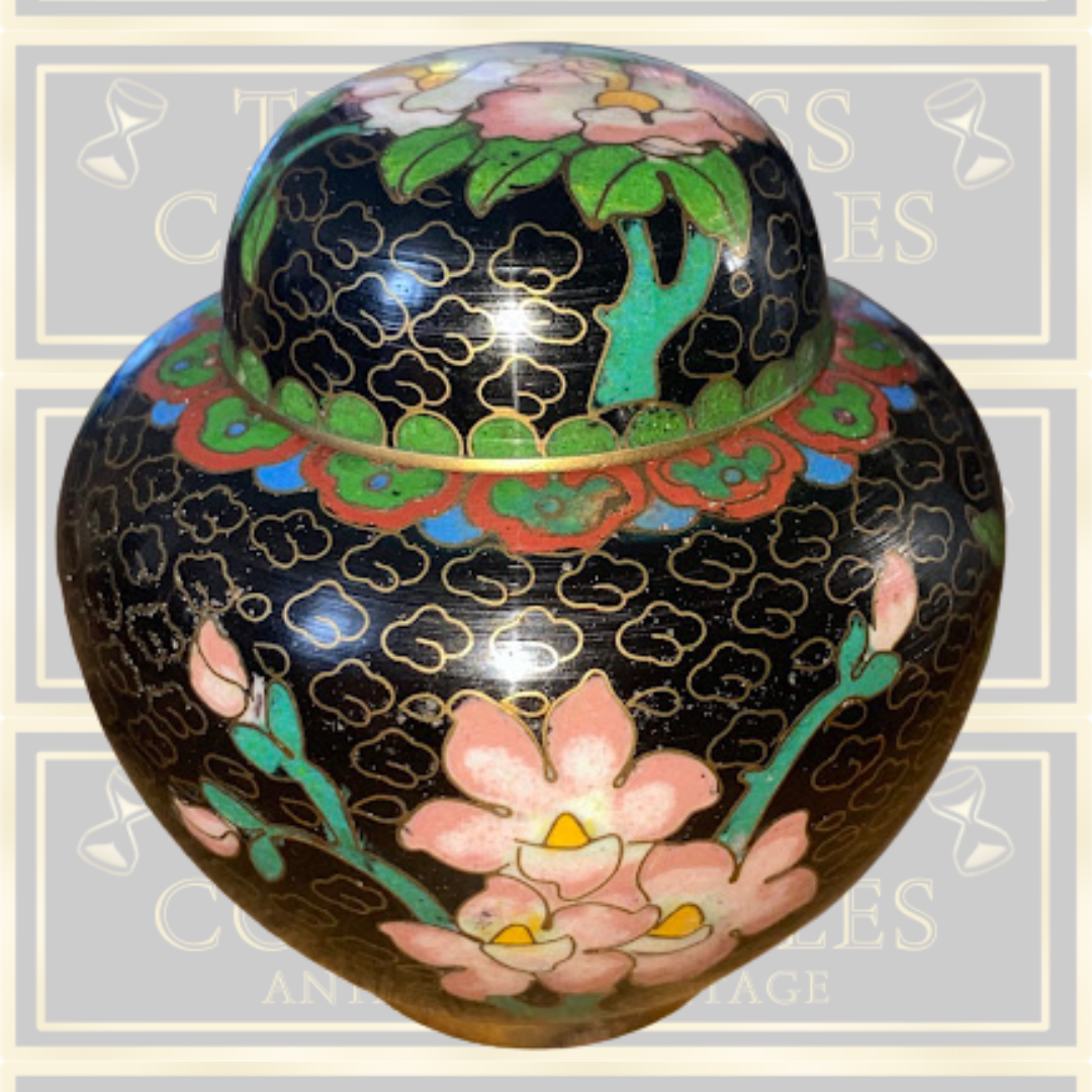 Vintage Cloisonne Enamel Black Floral Mini Jar