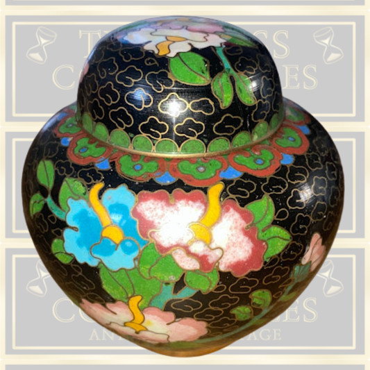 Vintage Cloisonne Enamel Black Floral Mini Jar