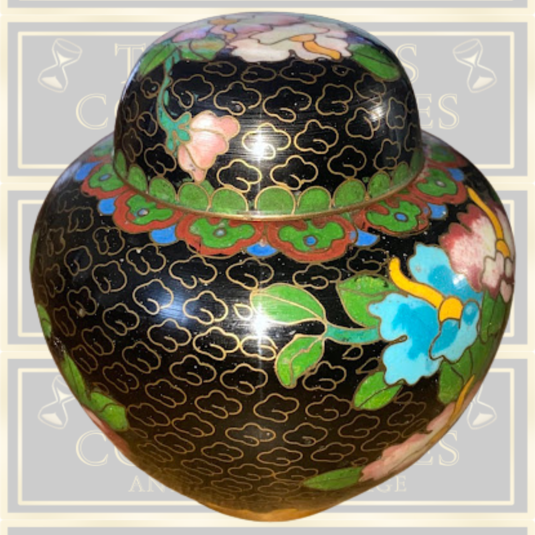 Vintage Cloisonne Enamel Black Floral Mini Jar
