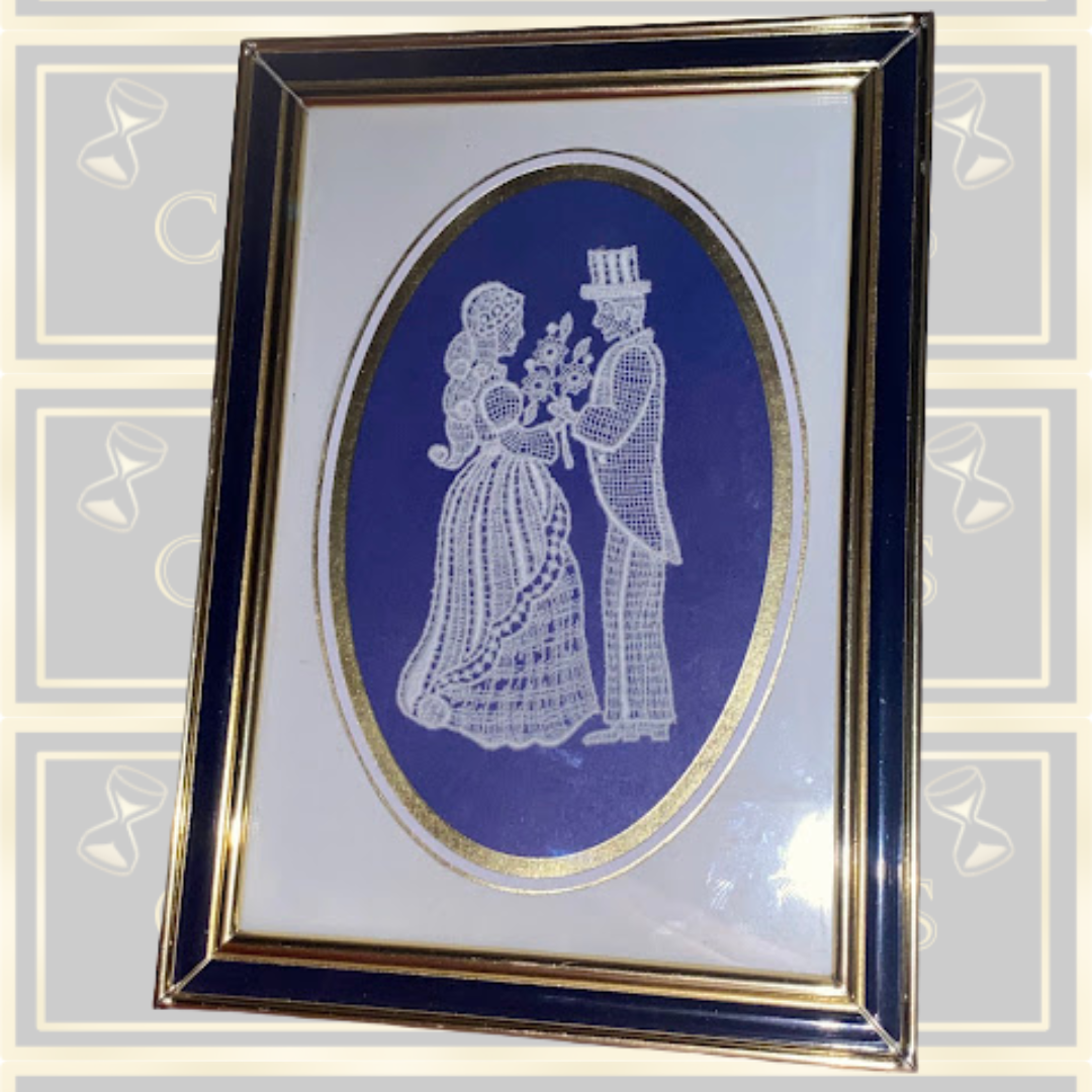 Vintage framed bobbin lace artwork Married Couple