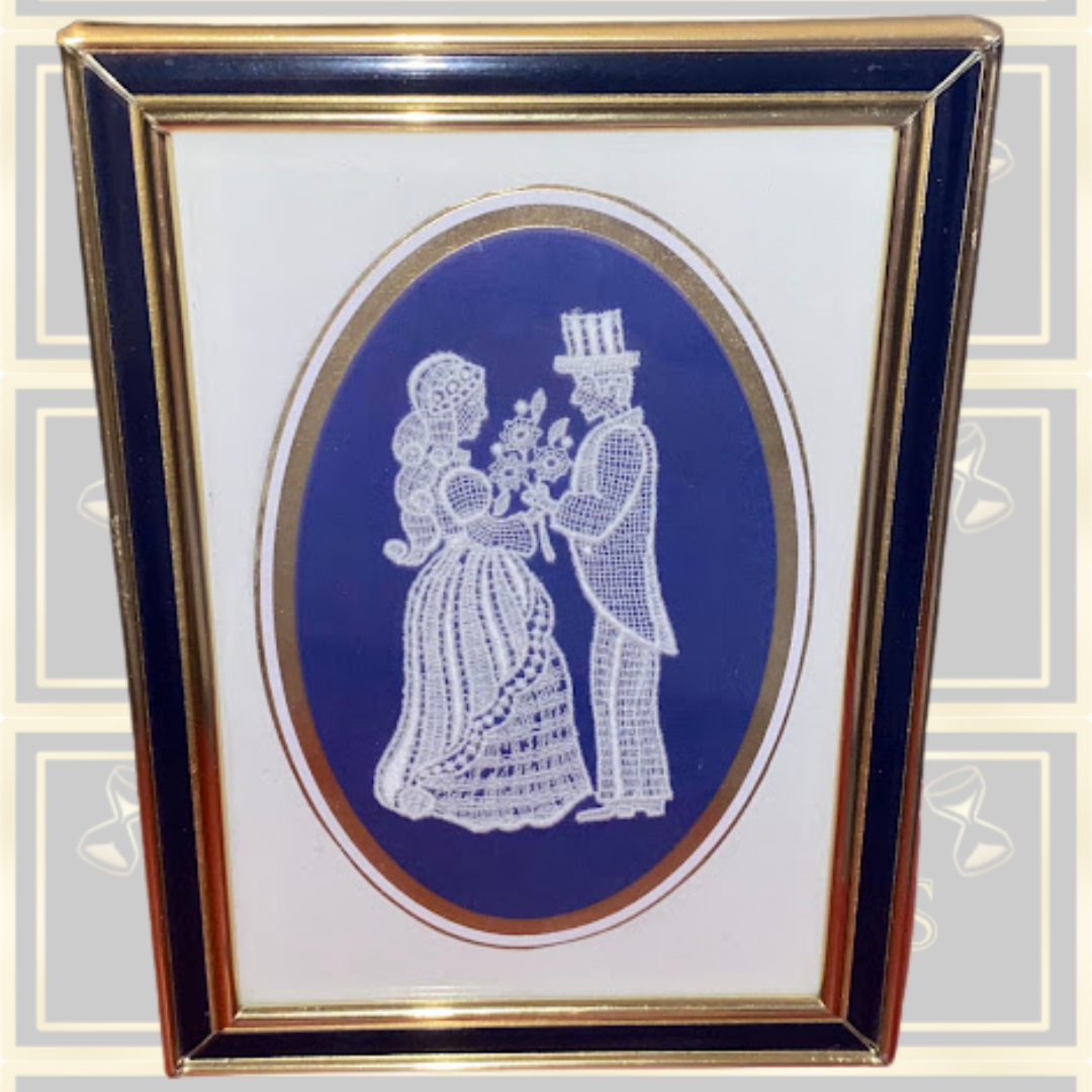 Vintage framed bobbin lace artwork Married Couple