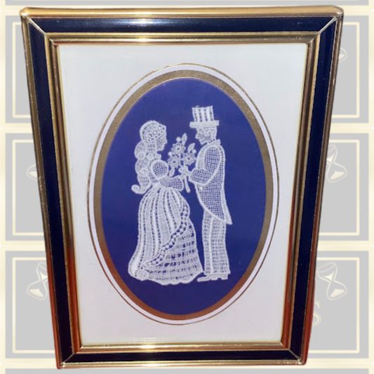 Vintage framed bobbin lace artwork Married Couple