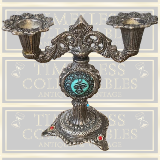 Vintage Two Arm Sun God Metal Candelabra
