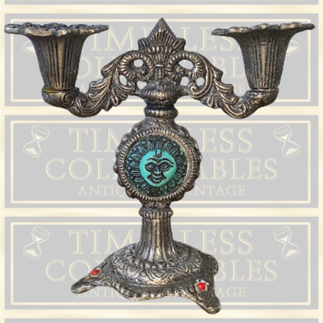Vintage Two Arm Sun God Metal Candelabra
