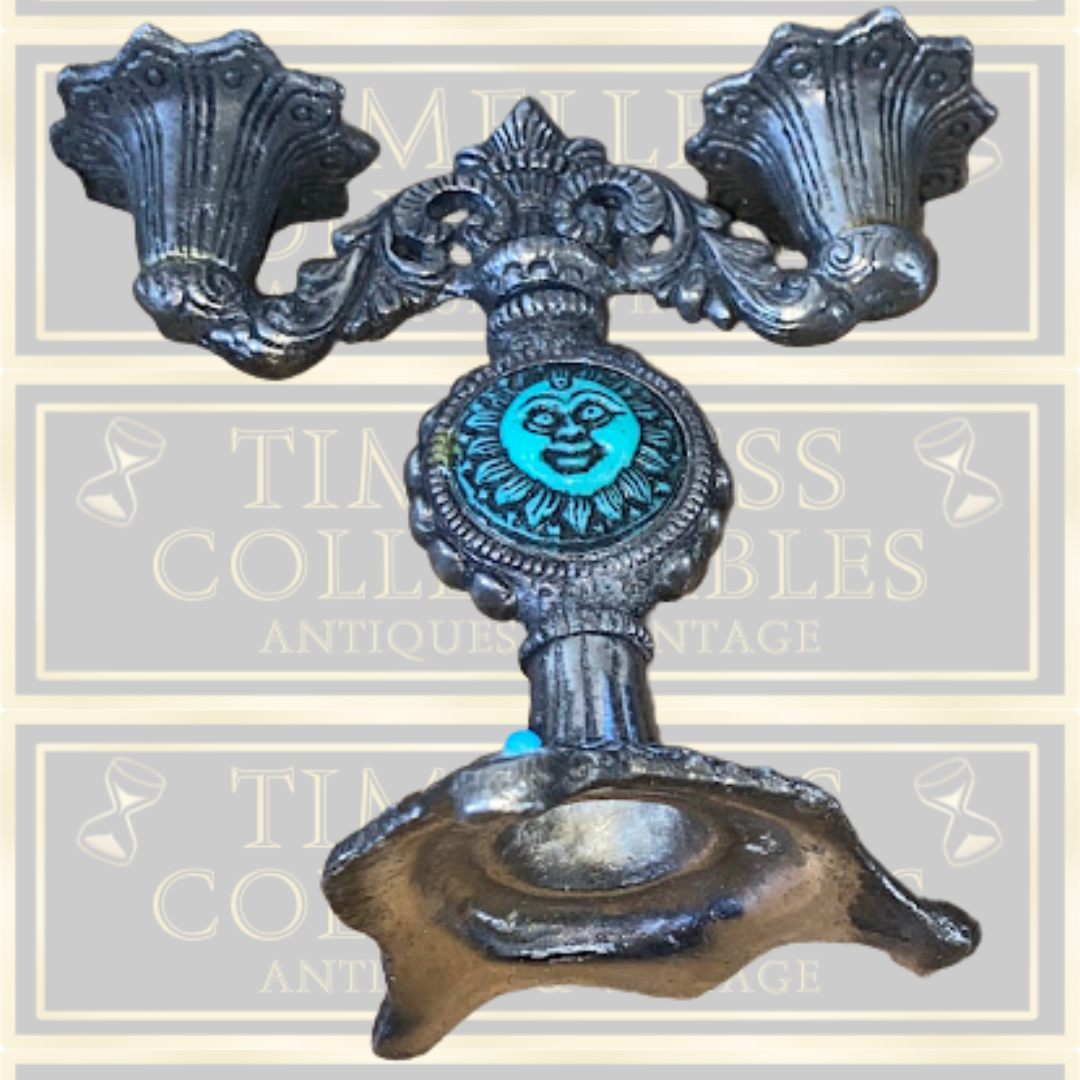 Vintage Two Arm Sun God Metal Candelabra