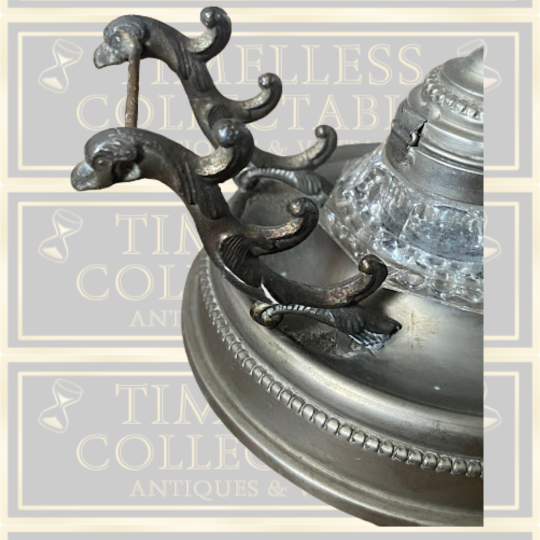 Antique Desk Ink Well Pewter Pen Holder