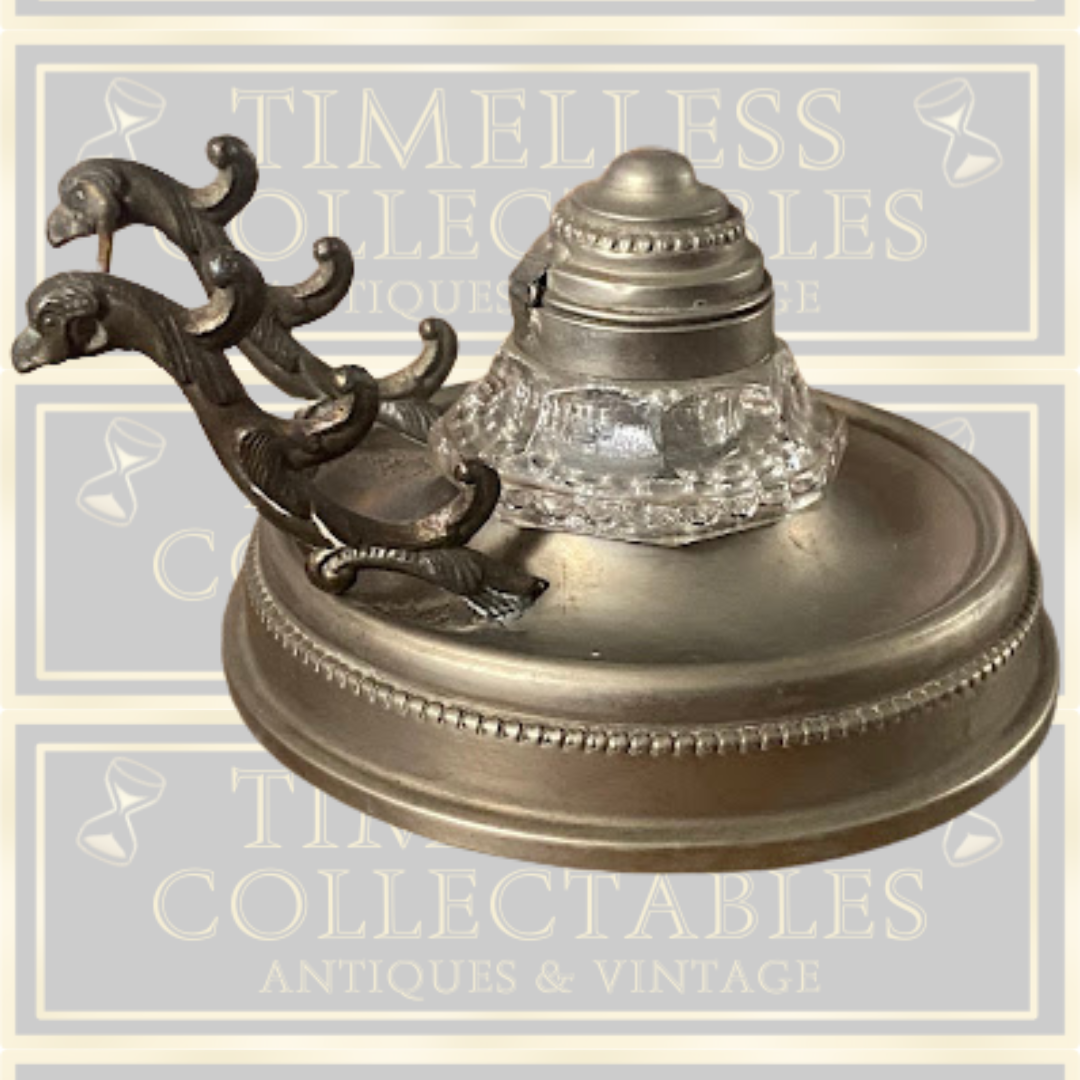 Antique Desk Ink Well Pewter Pen Holder