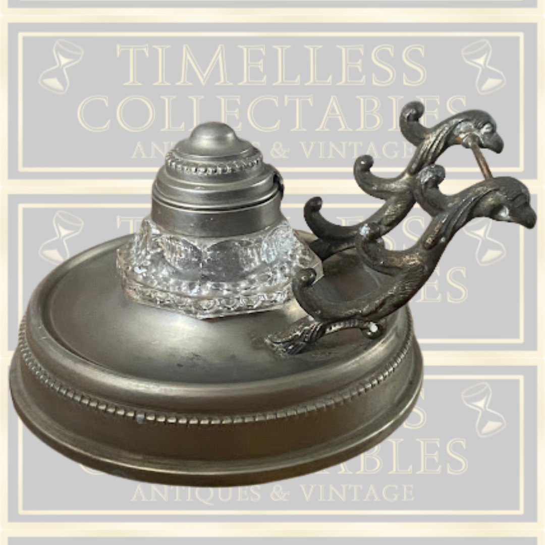 Antique Desk Ink Well Pewter Pen Holder