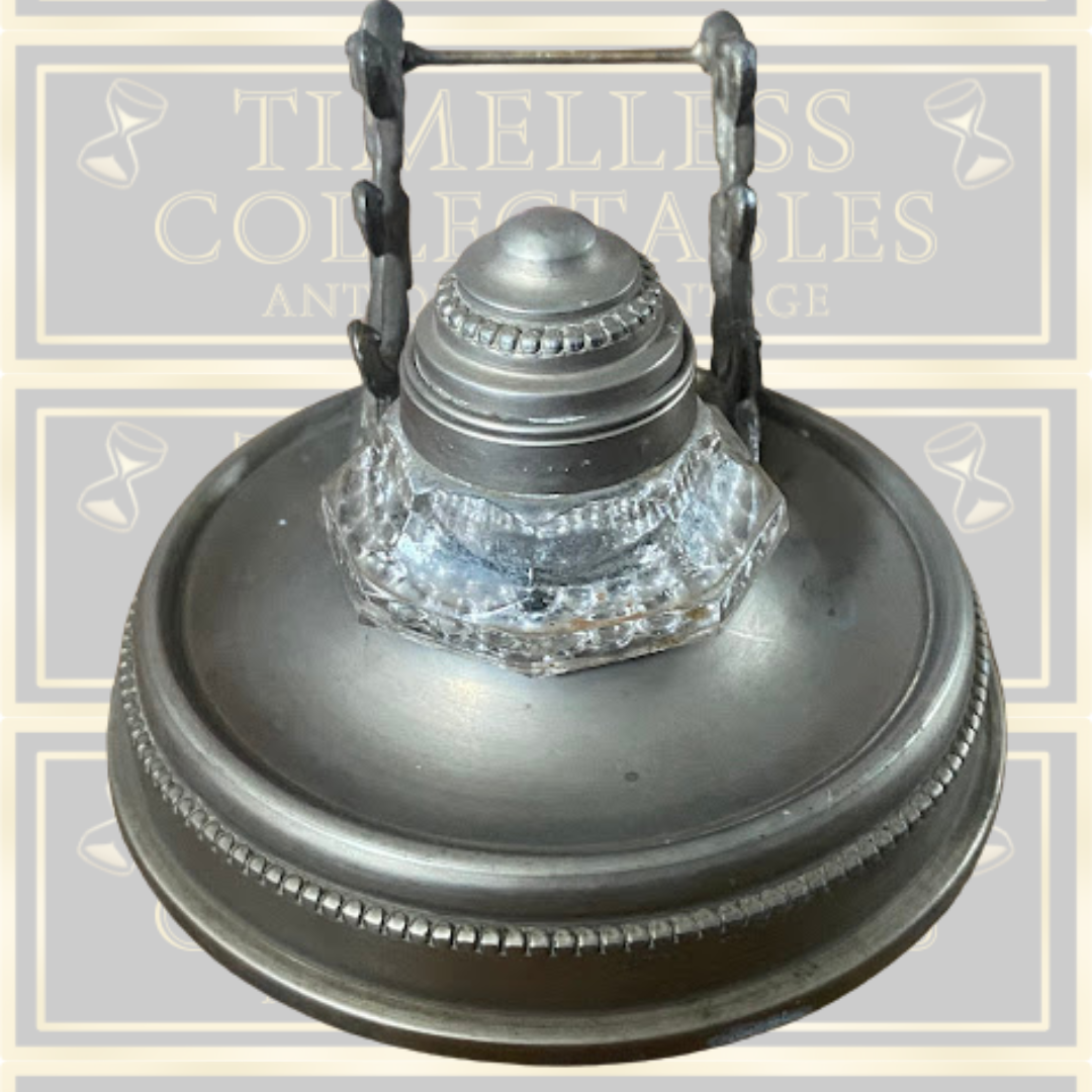 Antique Desk Ink Well Pewter Pen Holder