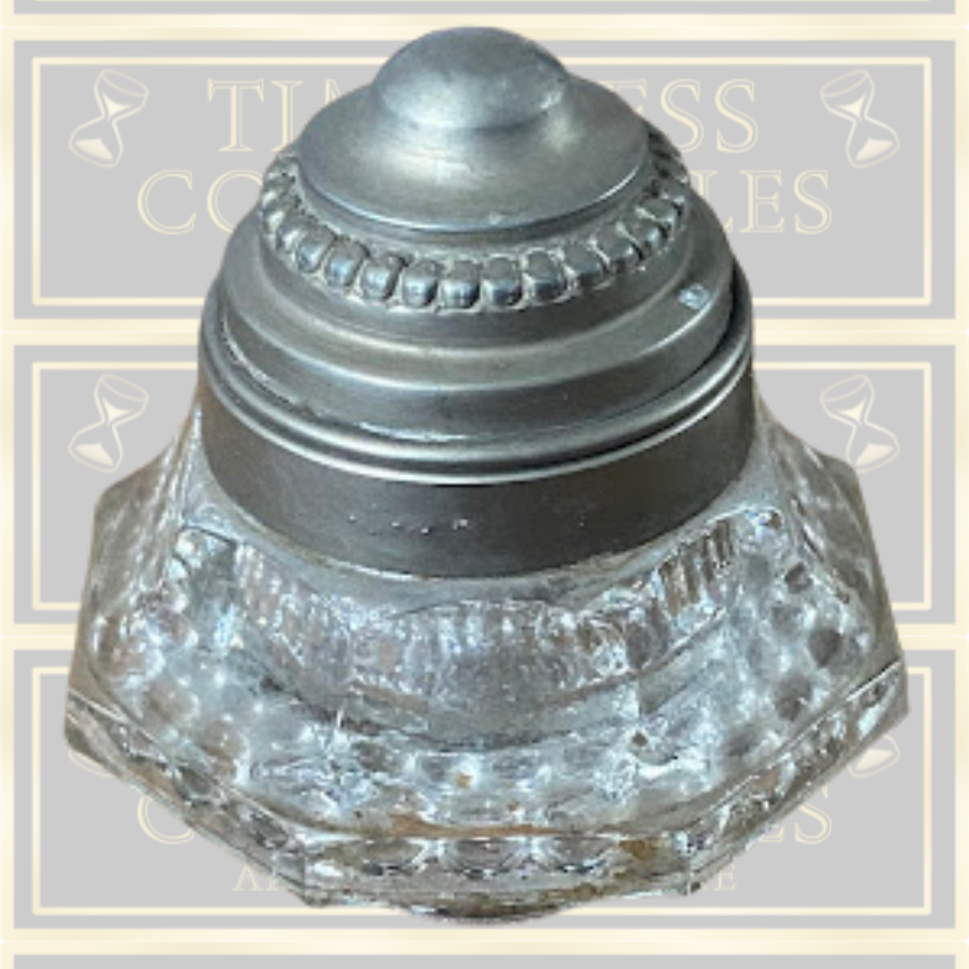 Antique Desk Ink Well Pewter Pen Holder