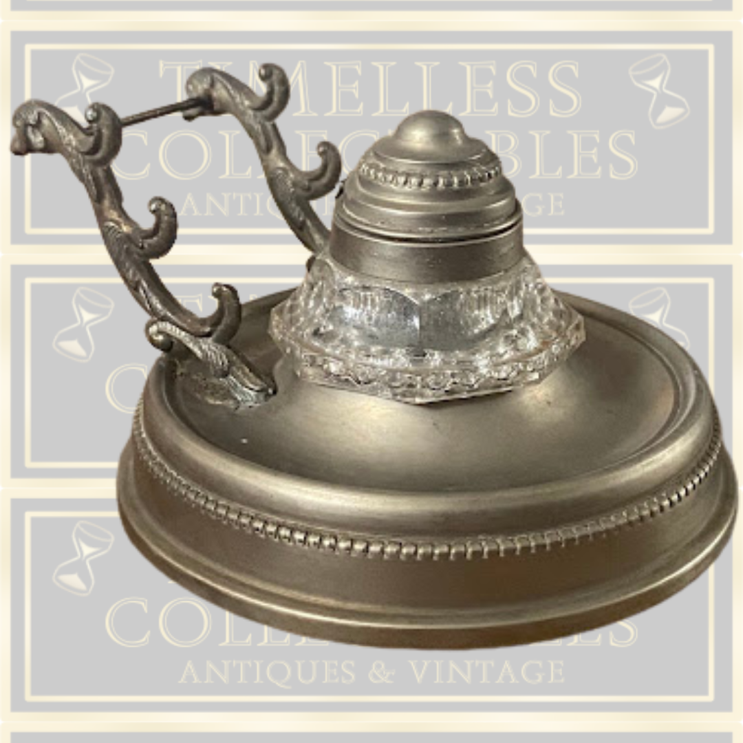Antique Desk Ink Well Pewter Pen Holder