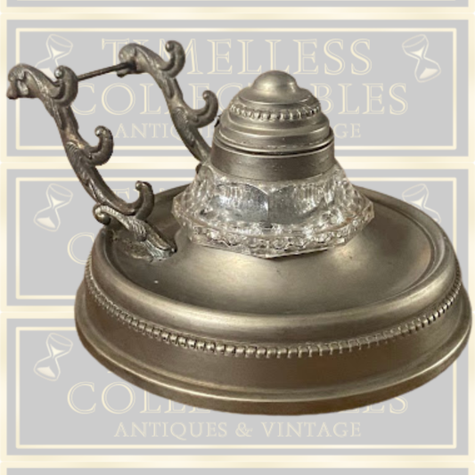 Antique Desk Ink Well Pewter Pen Holder