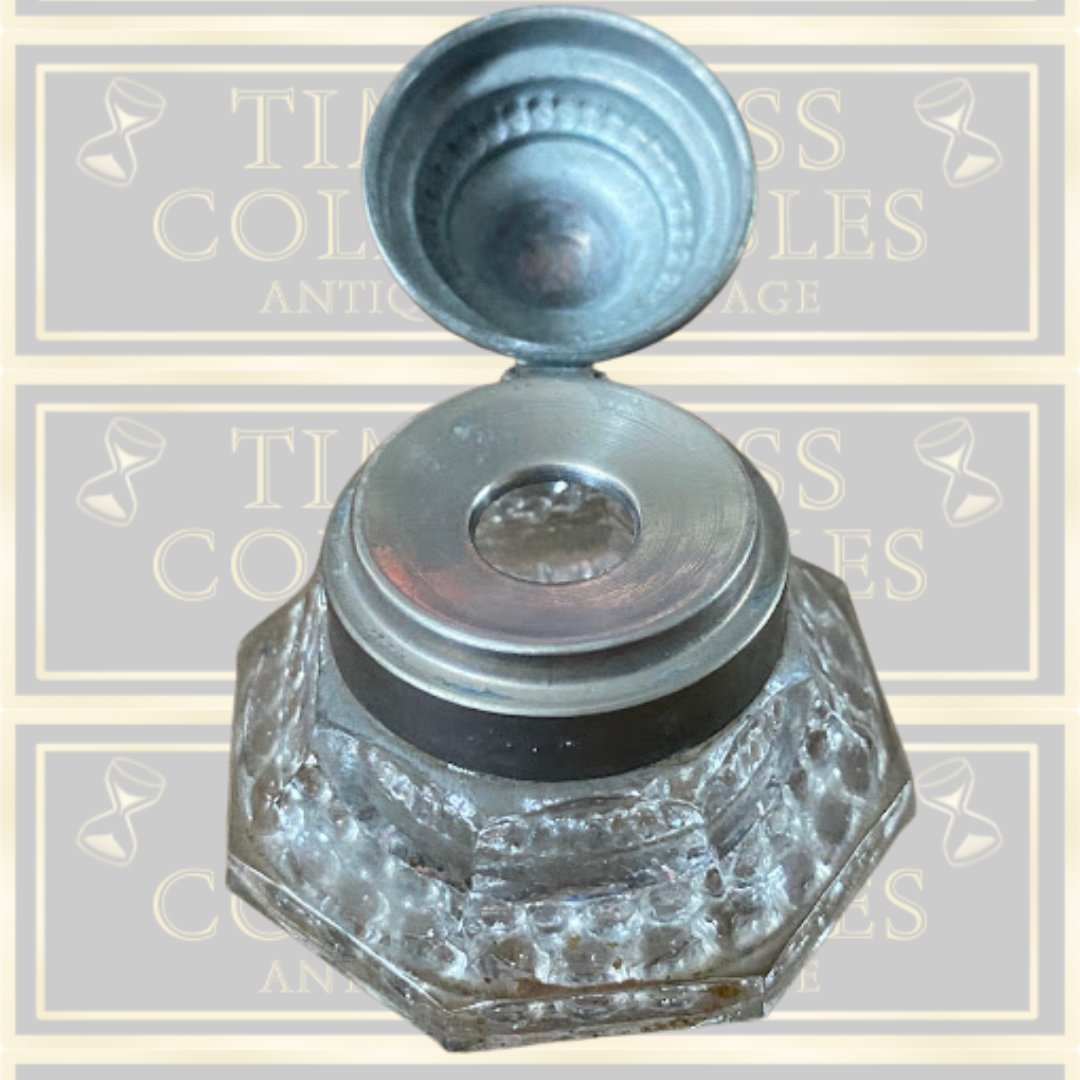 Antique Desk Ink Well Pewter Pen Holder
