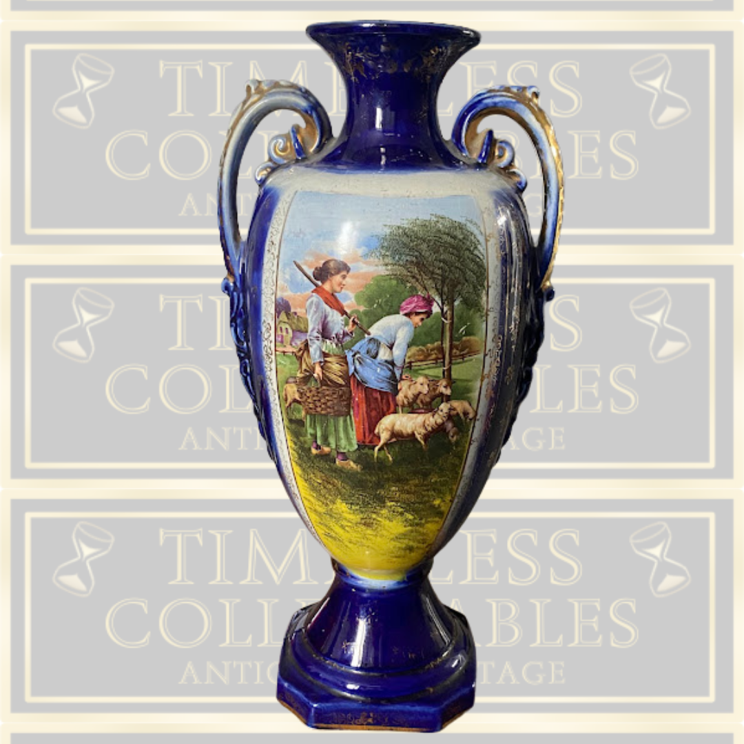 Antique Hand Painted Cobalt Blue Urn Vase