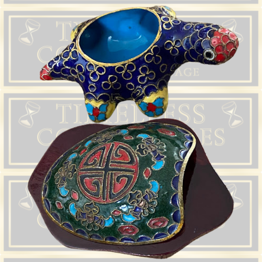 Vintage Cloisonne Enamel Brass Turtle Trinket Box