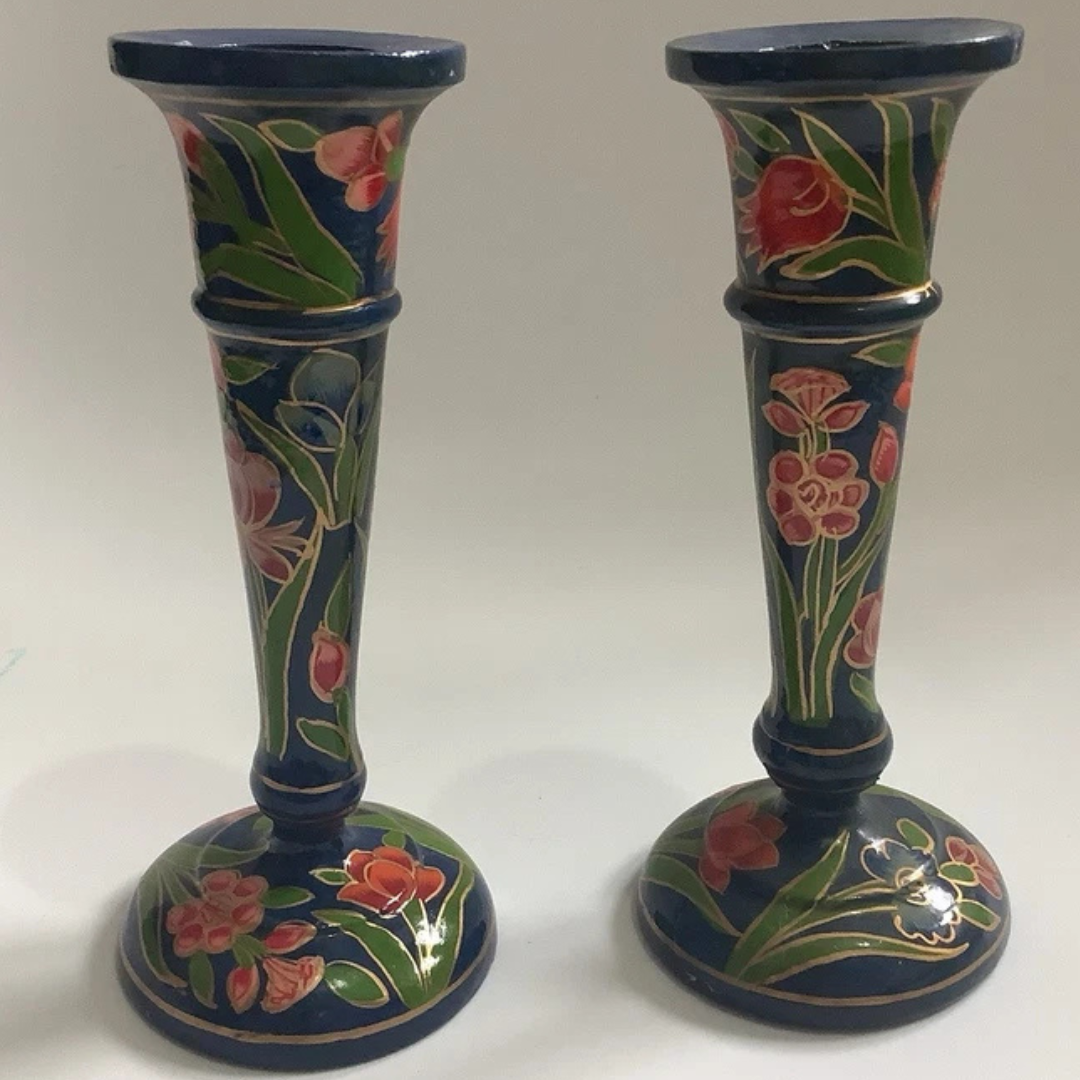 Vintage Candle Holders & Box Set Navy Blue Pink Flower Pattern